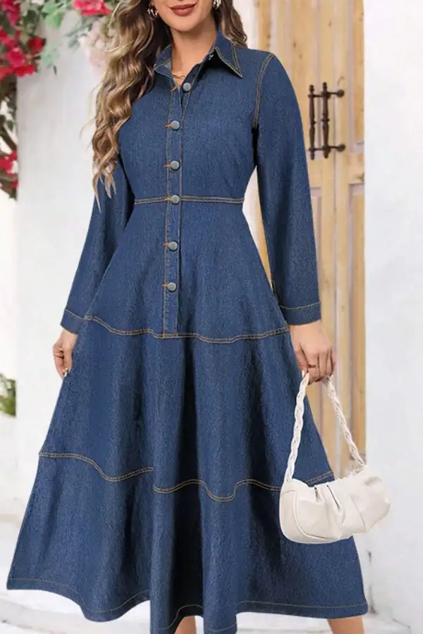 Blue Contrast-Stitch Denim Single-Breasted Midi Dress