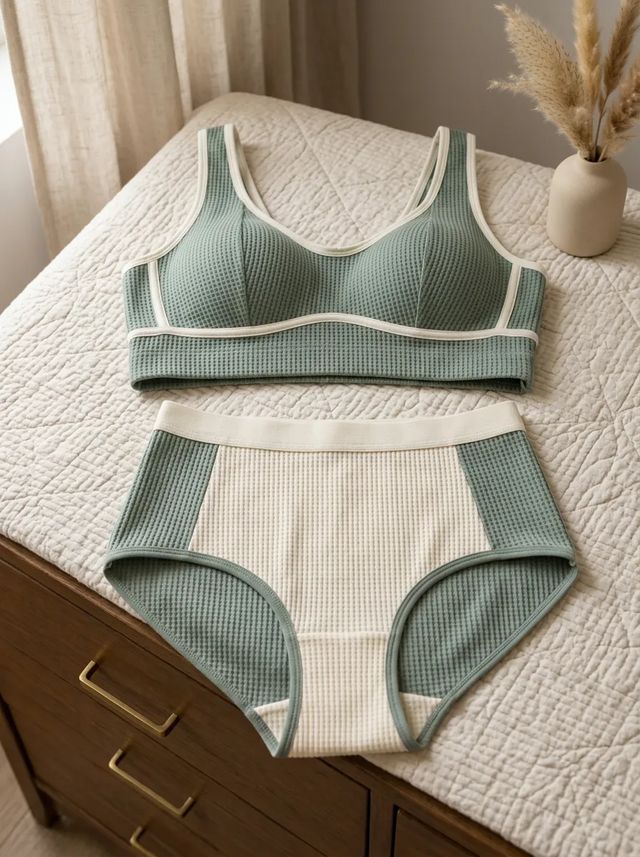 Women's Waffle Knit Contrast Trim High Rise Lingerie Set