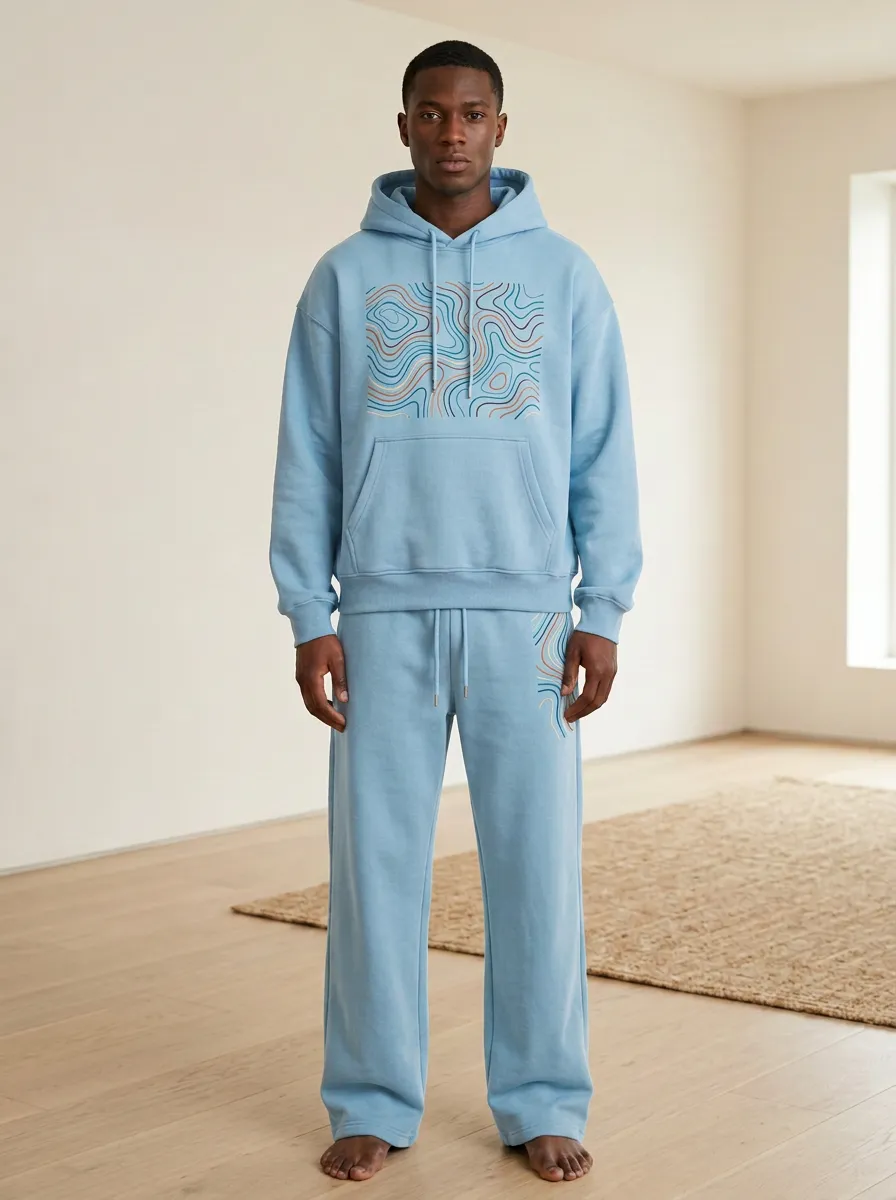 Men's Abstract Topographic Line Art Printed Hoodie Sweatpants Set