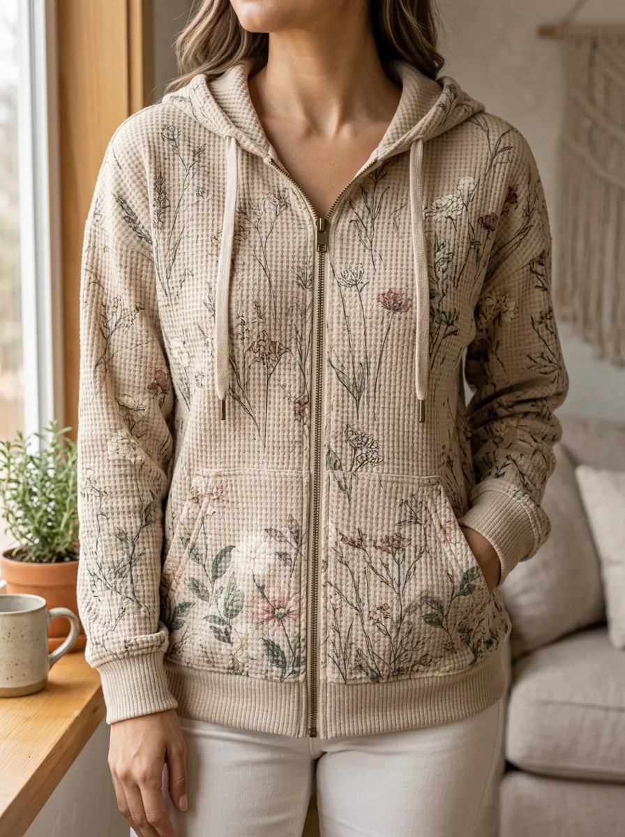 Women's Botanical Wildflower Signature Design Waffle Zip-Up Hoodie