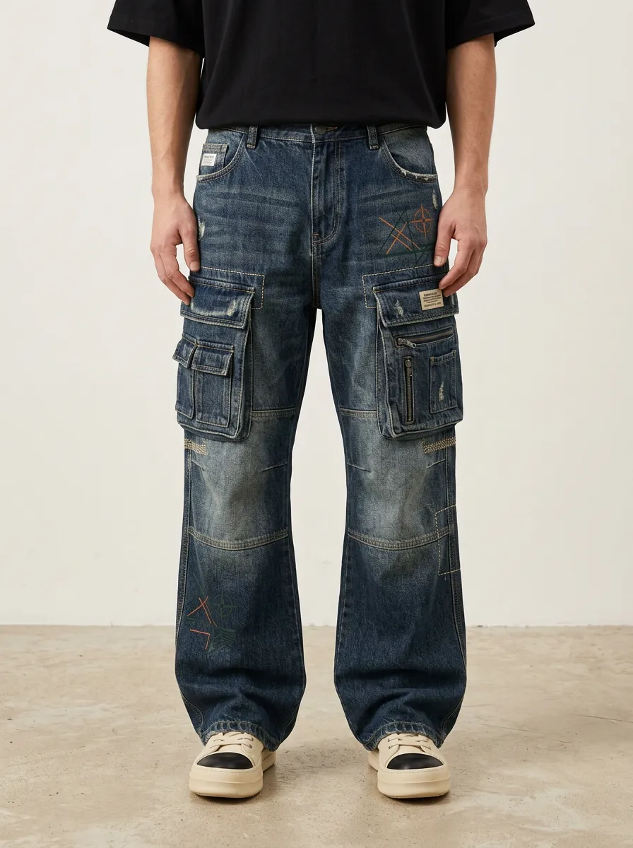 Men's Streetwear Geometric Cross Printed Distressed Denim Cargo Jeans