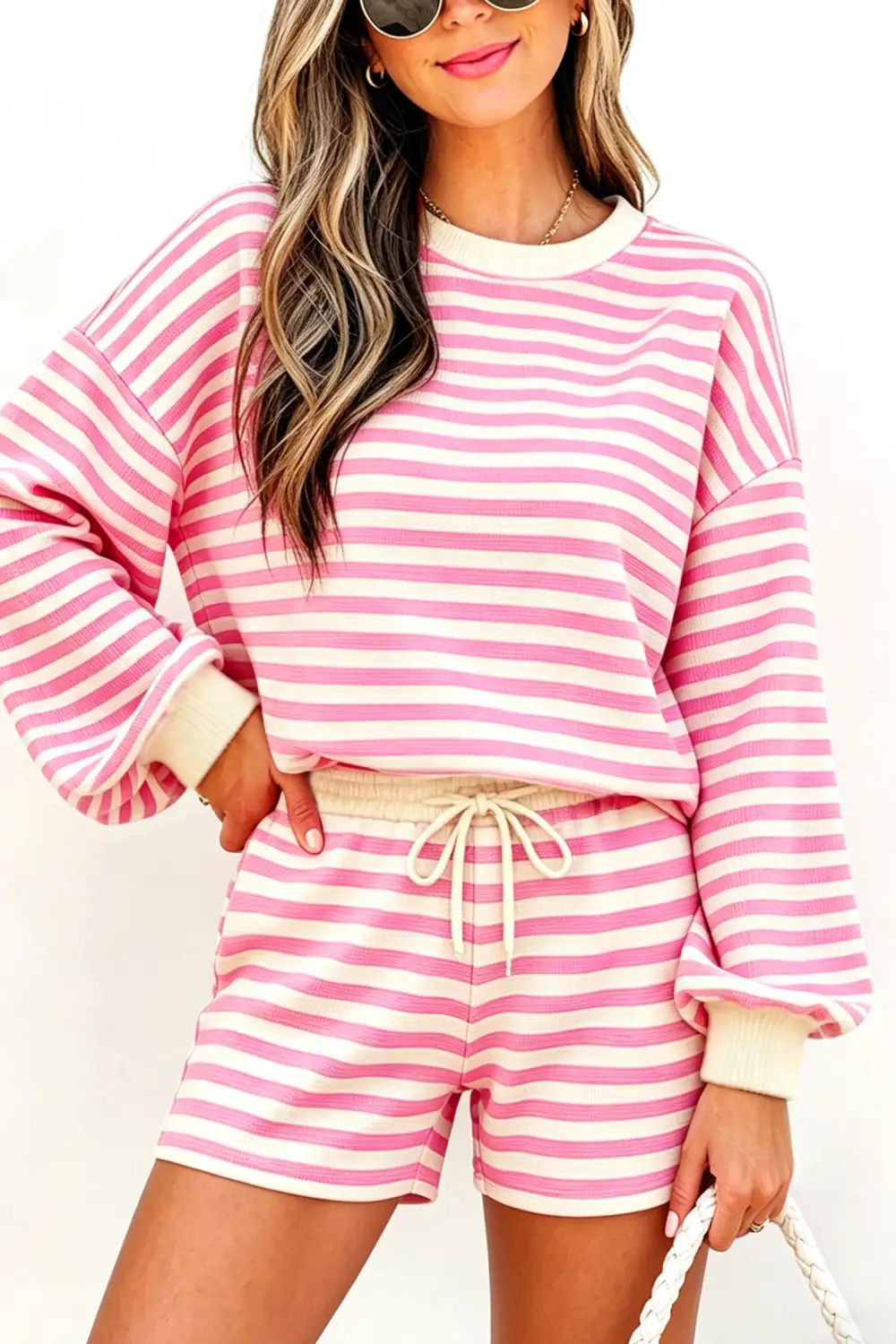 Women's Striped Long Sleeve Crew Neck Drawstring Waist Shorts Set