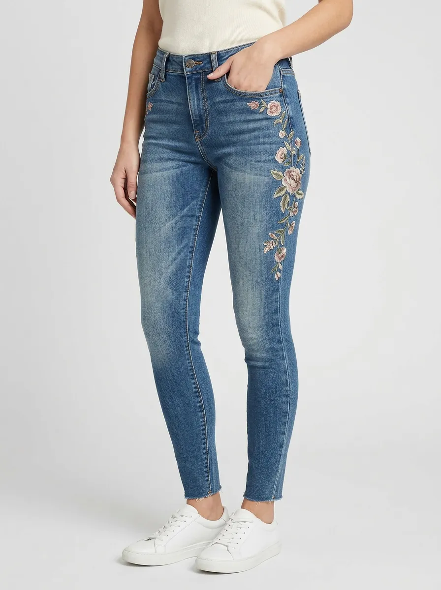 Women's Floral Rose Embroidered Graphic Slim Jeans