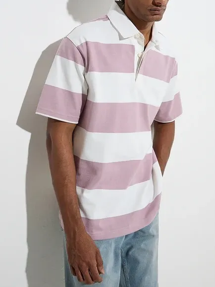 Lilac Striped Loose Cotton-Blend Polo T-Shirt