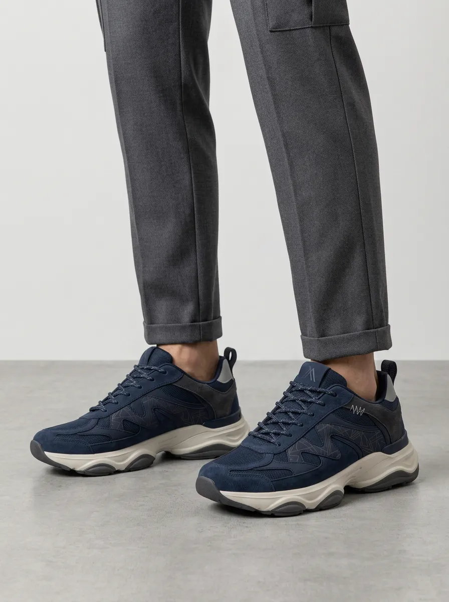 Men's Navy Geometric Pattern Navy Suede Athletic Sneakers
