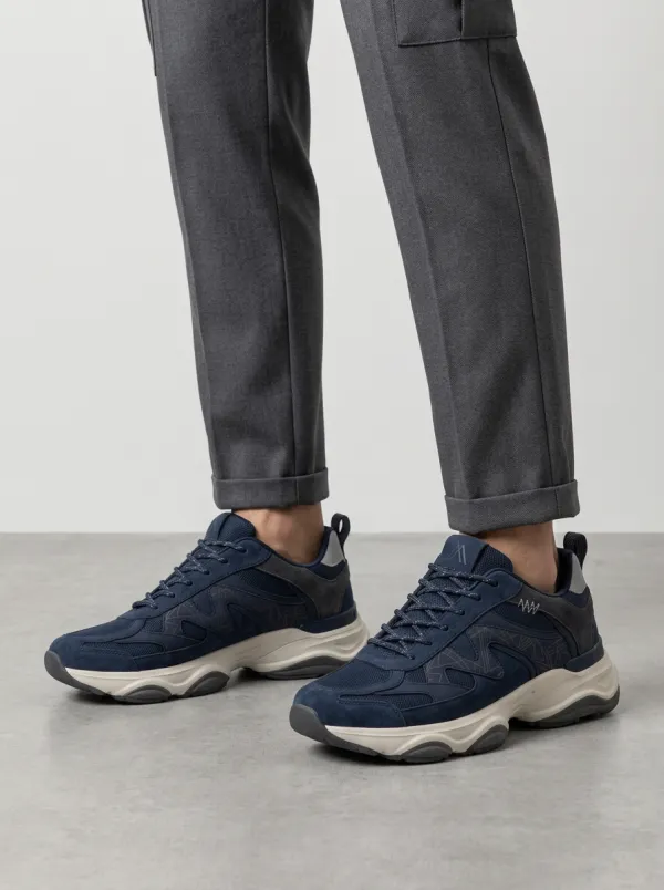 Men's Navy Geometric Pattern Navy Suede Athletic Sneakers
