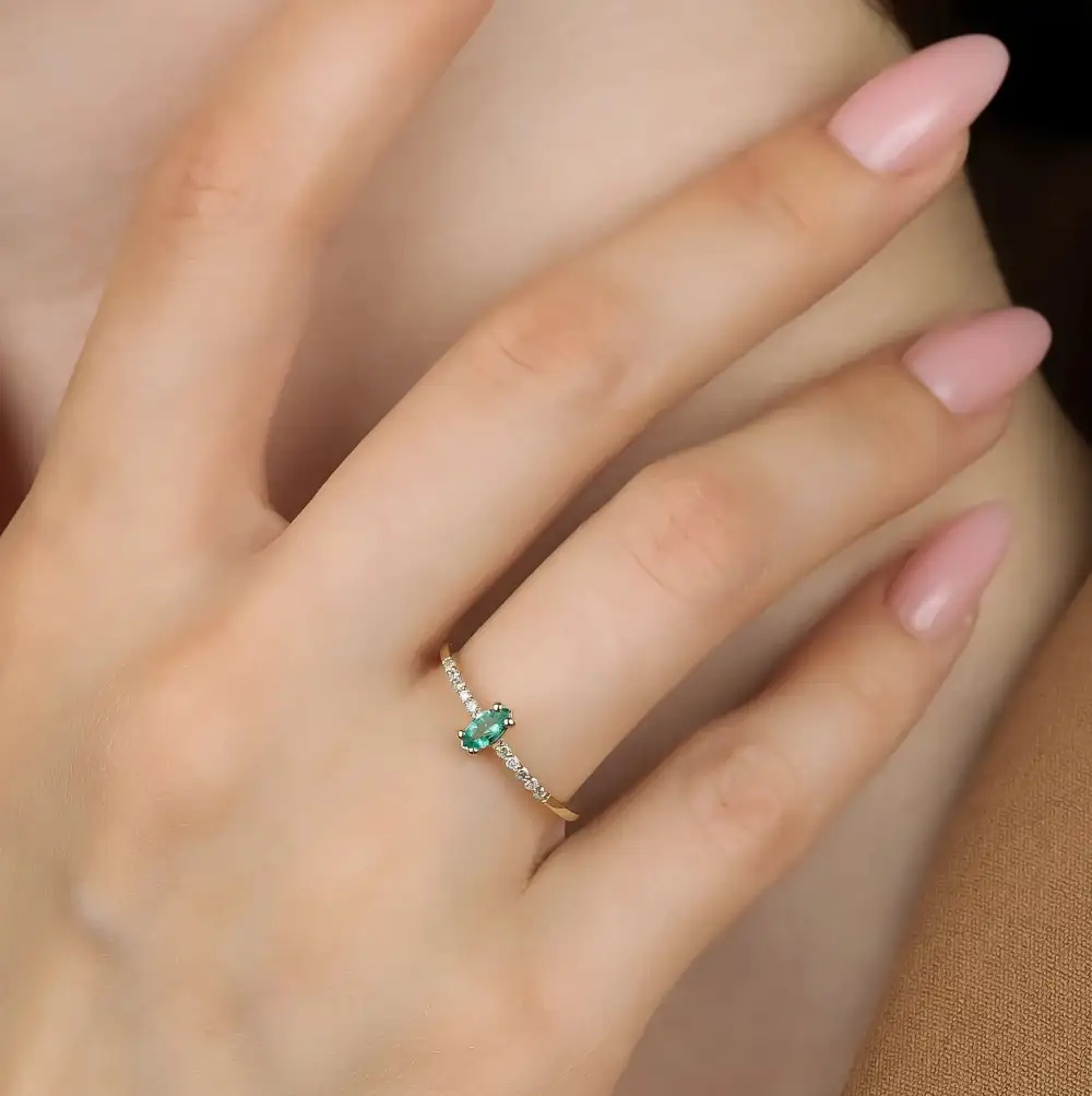 Gold Natural Marquise Emerald and Diamond Wedding Ring