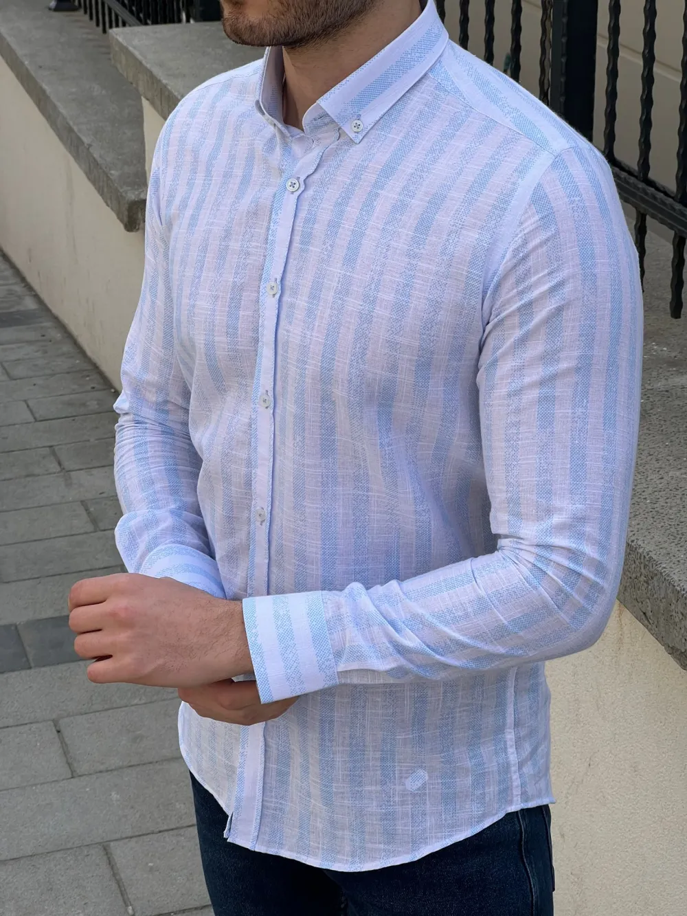 Contemporary Button Collar Slim Fit Striped Cotton Casual Shirt