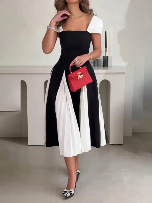 Elegant Contrast Pleated Panel Midi Dress