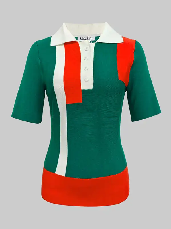 Short Sleeve Slim Fit Button Detail Contrast Lapel T-Shirt