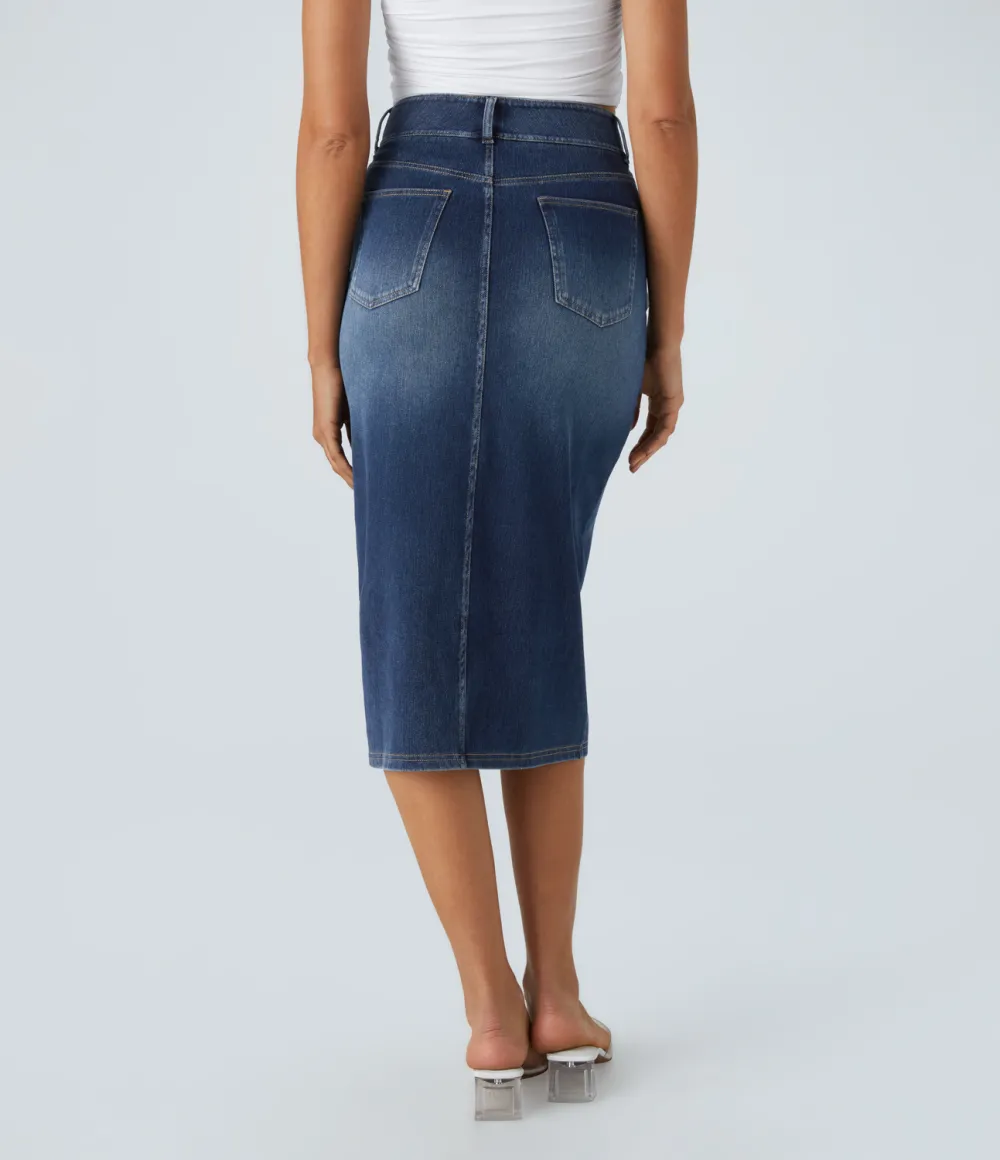 Magic High Waisted Multiple Pockets Bodycon Split Washed Stretchy Knit Denim Casual Midi Skirt