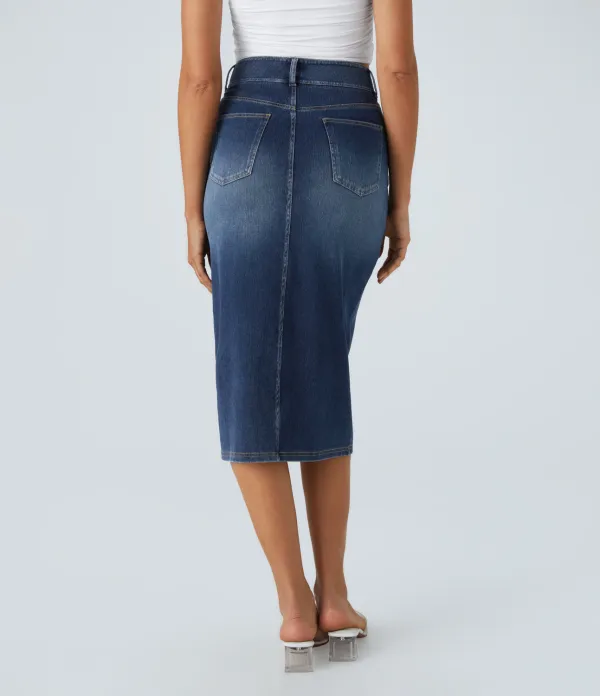 Magic High Waisted Multiple Pockets Bodycon Split Washed Stretchy Knit Denim Casual Midi Skirt