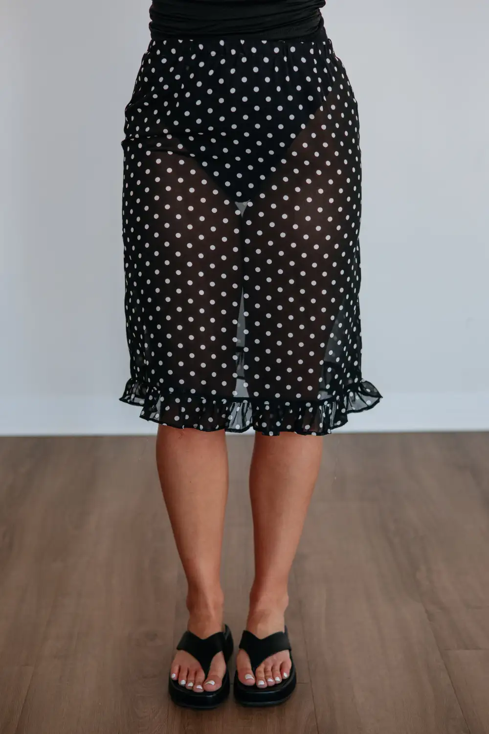 Polka Dot Ruffled Elastic Waist Midi Skirt