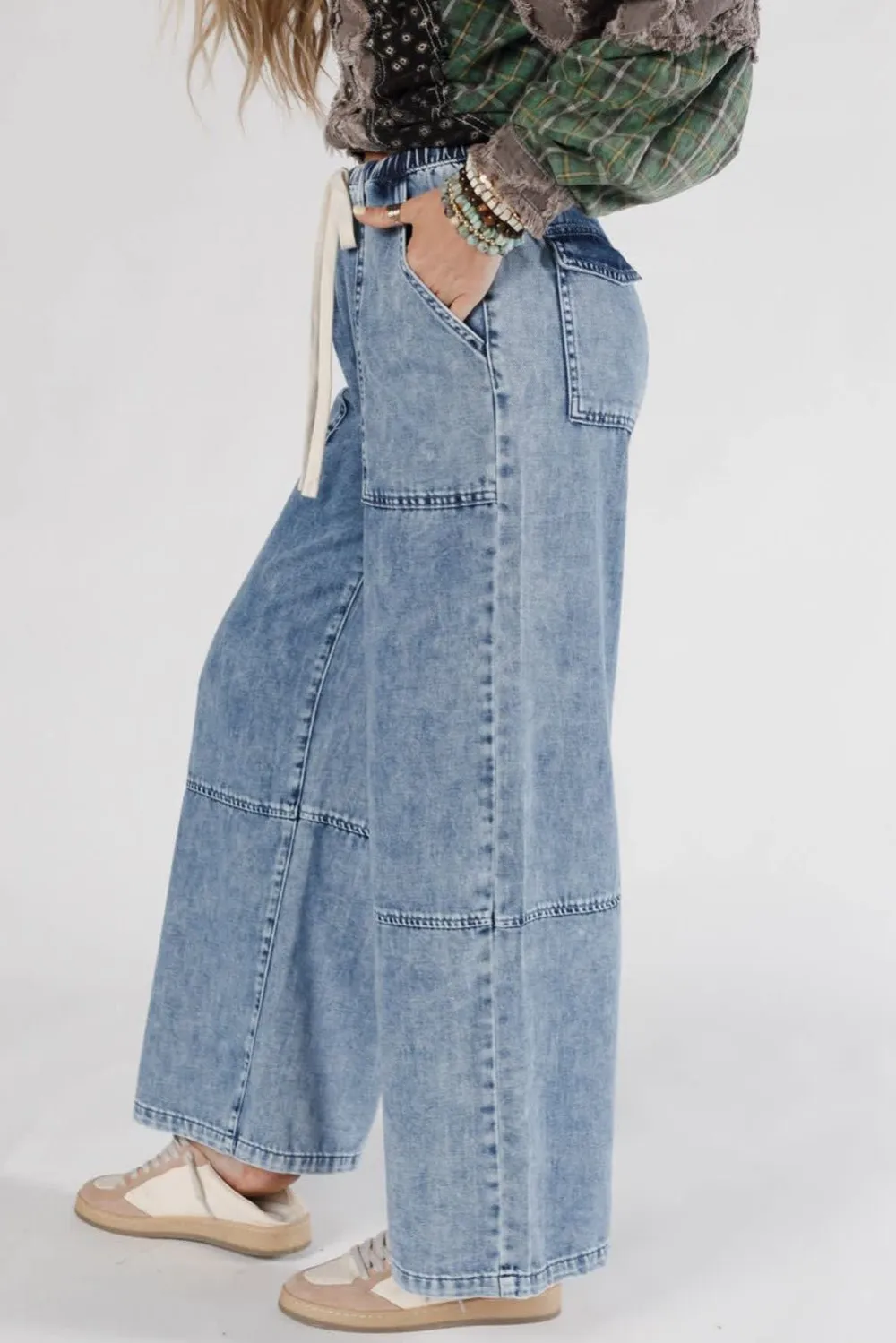 High Waist Drawstring Pocketed Seam Detail Casual Jeans