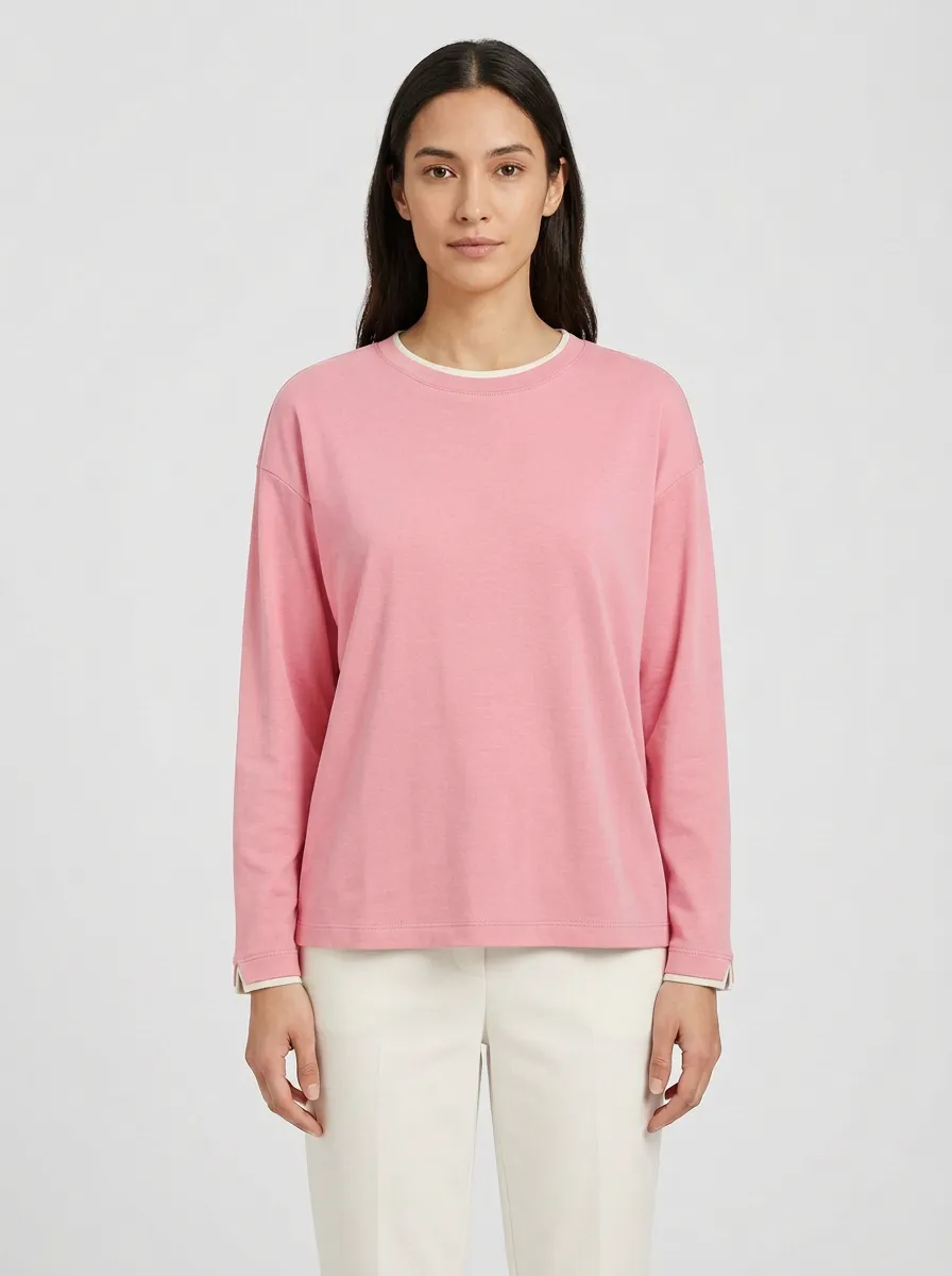 Women's Contrast Trim Long-Sleeve Crew-Neck