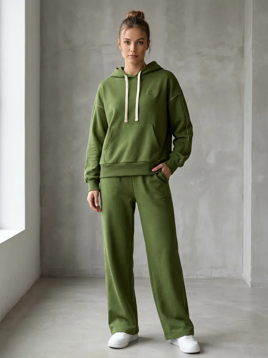 Women's Olive Green Contrast Stitch Hoodie and Wide-Leg Pant Set