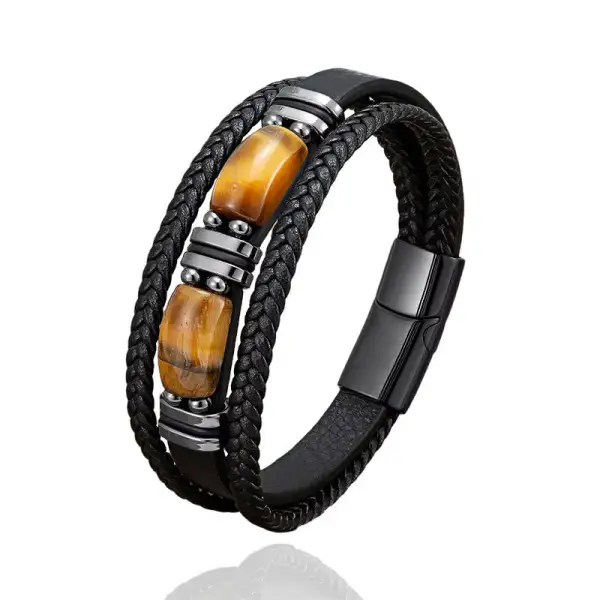 Tiger Eye Stone Willpower Multi Layer Leather Bracelet