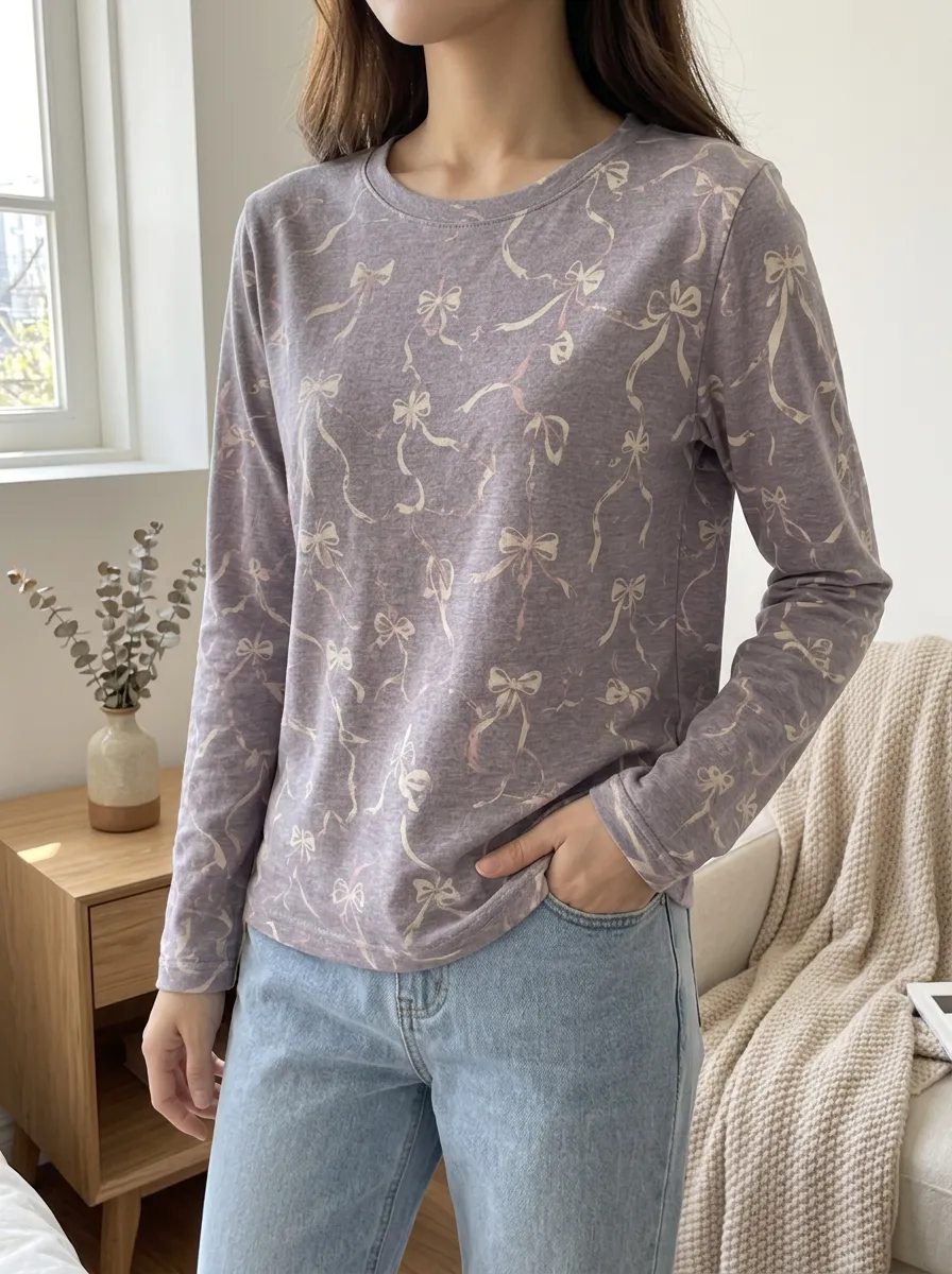 Women's Sweet Style Ribbon Bow Printed Long Sleeve T-shirt
