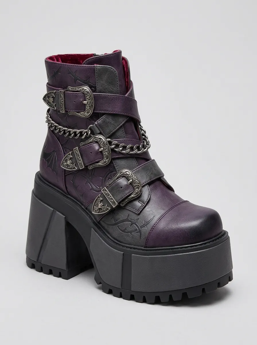 Nightfall Bat Chain Buckle Street Look Women's Gothic Platform Boots