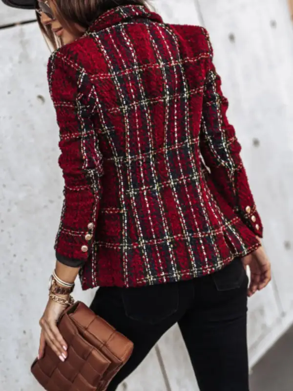 Double-Breasted Plaid Tweed Blazer