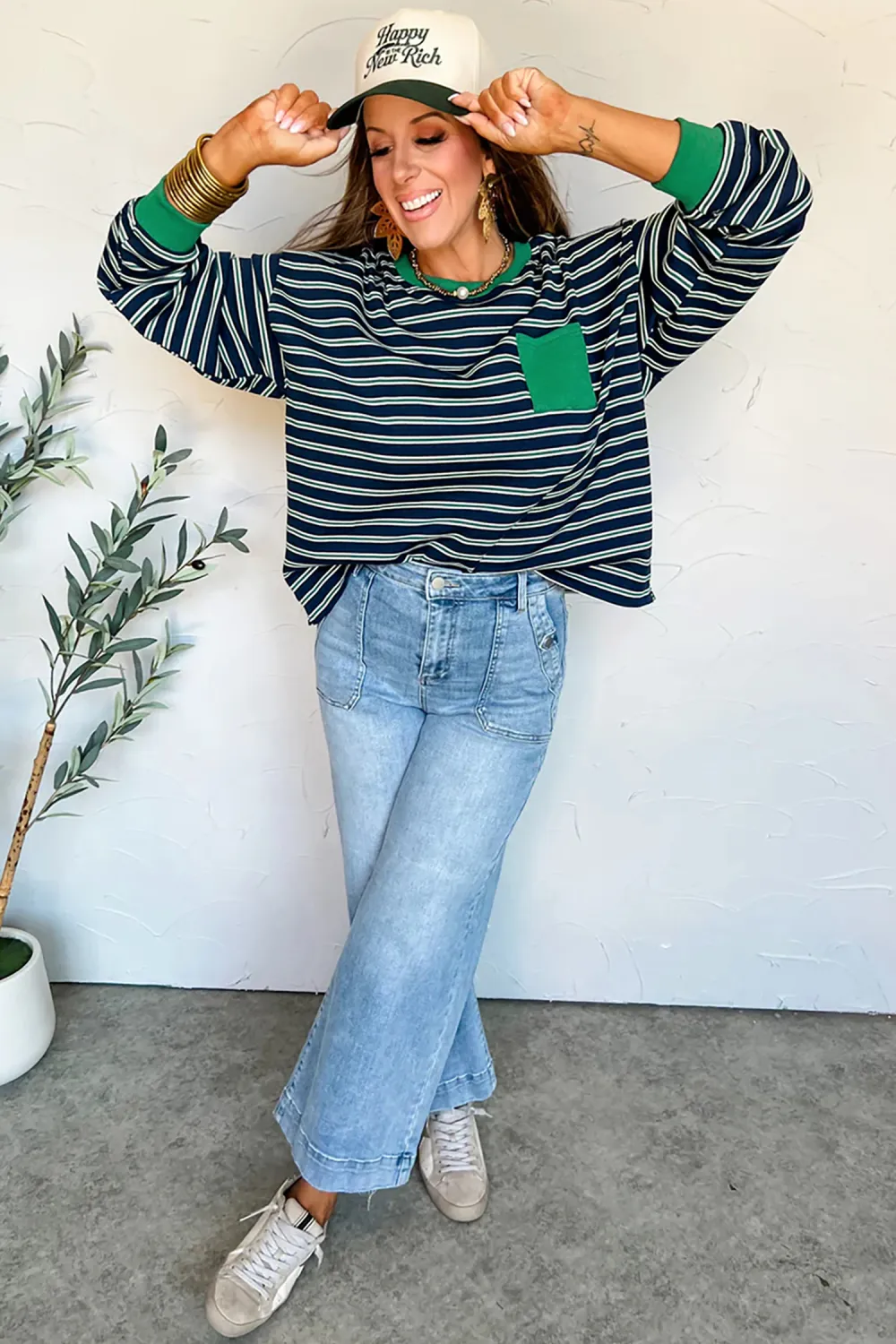 Green Stripe Ribbed Block Patchwork Top