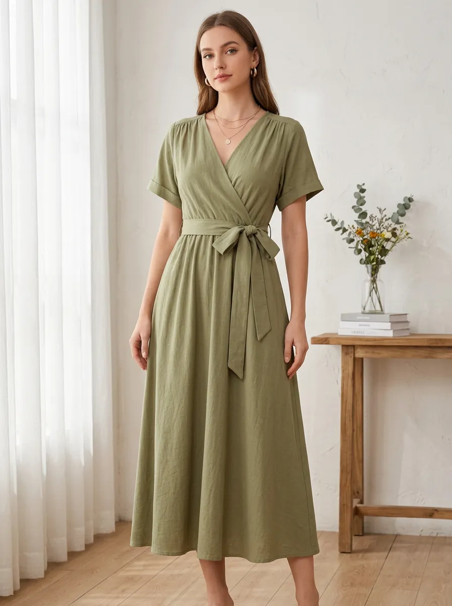 Women's Casual Olive Green V-Neck Belted Wrap Midi Dress