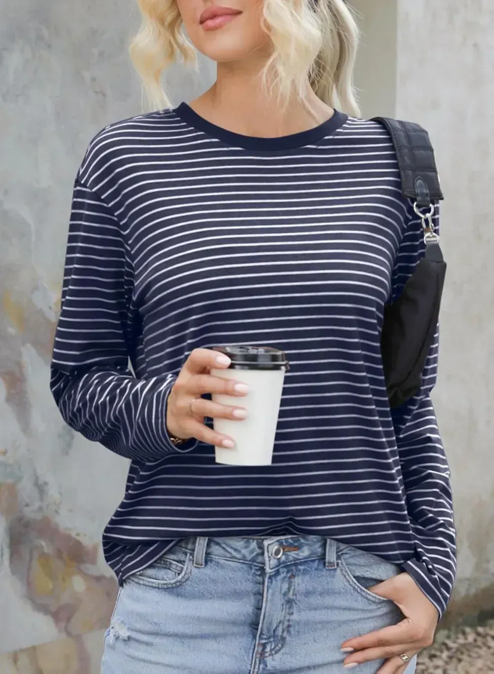Dokotoo Women's Casual Striped Long Sleeve Tops Crew Neck Knit Ribbed Basic T Shirts