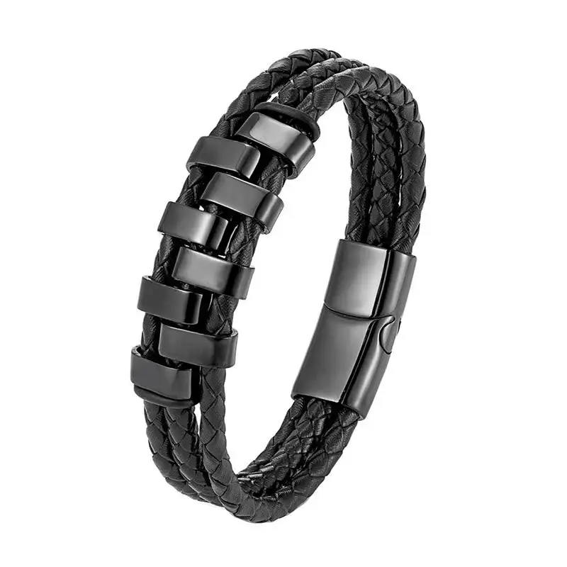 Geometric Design Titanium Steel Leather Bracelet