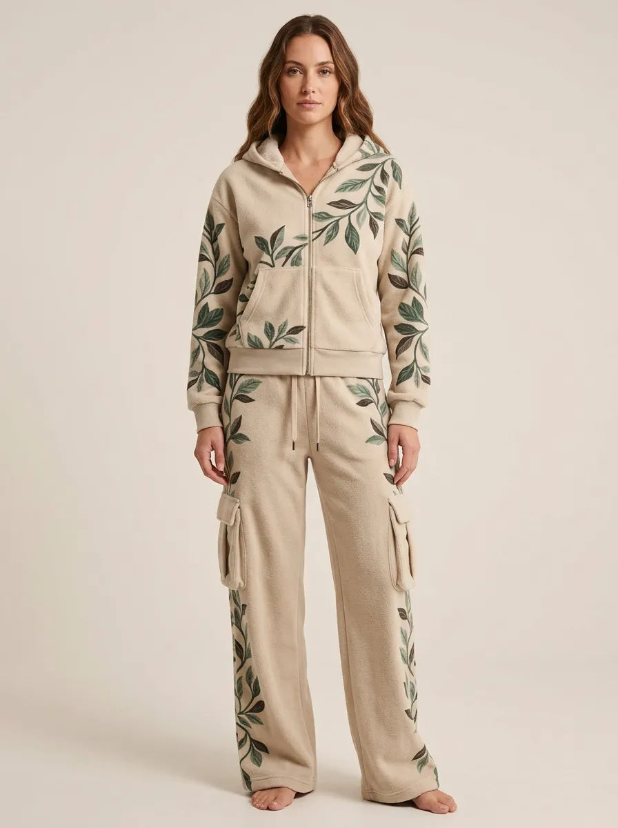 Women's Leaf-Print Fleece Zip-Up Hoodie And Cargo Pant Set