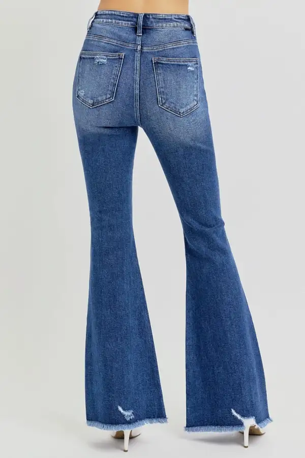High Rise Distressed Raw Hem Flared Denim Jeans