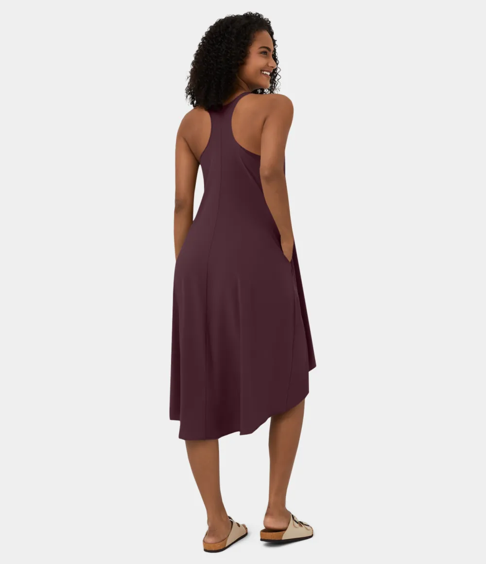 Breezeful Backless Racerback Side Pocket High Low Flowy Midi Quick Dry Casual Dress