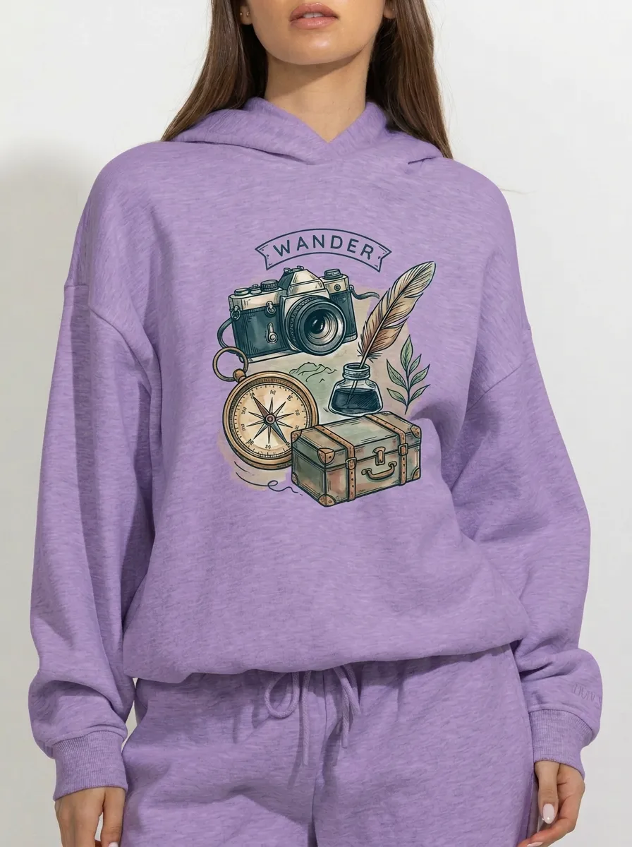 Unisex Wander Travel Lover Camera Compass Printed Hoodie
