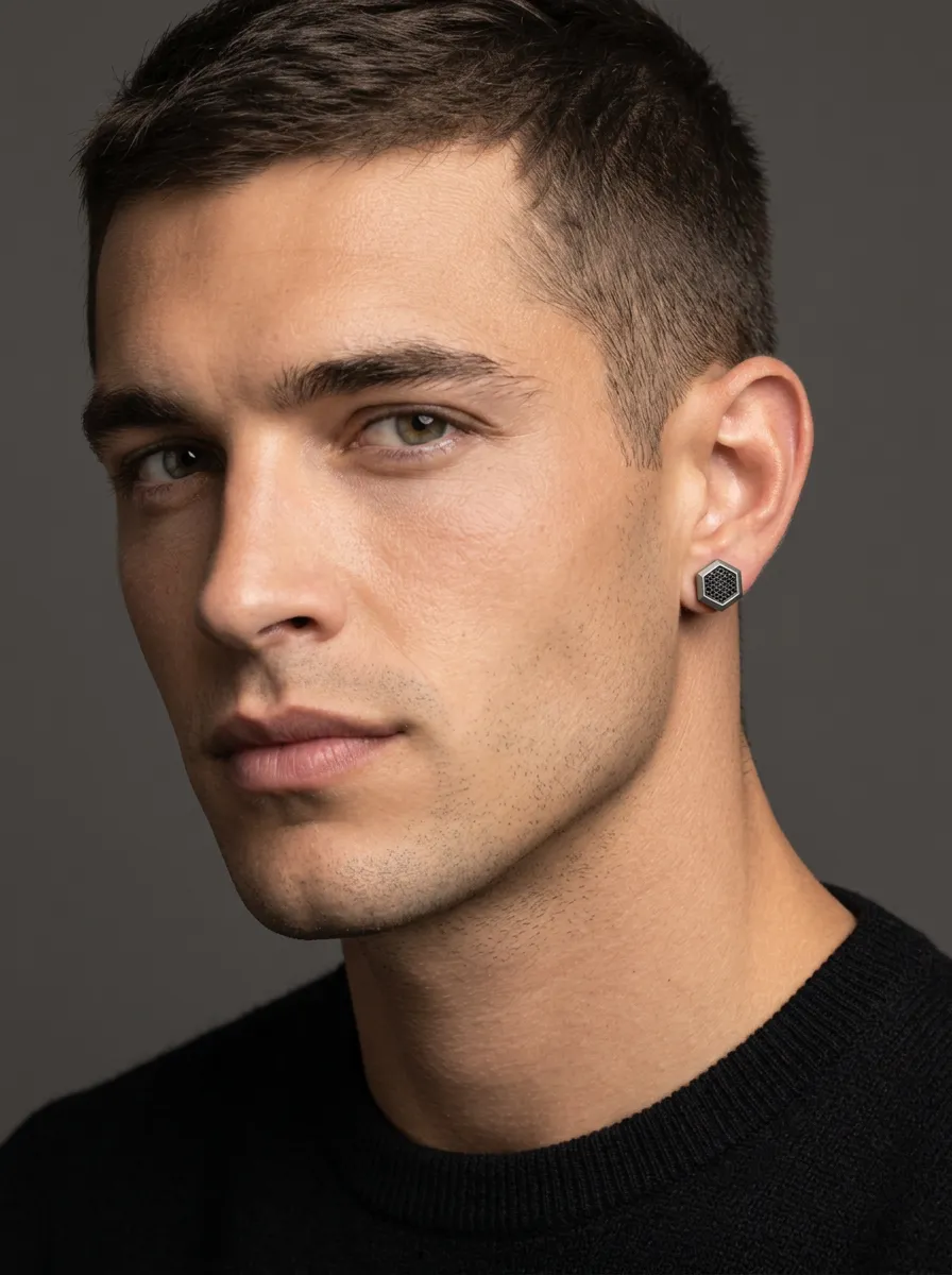 Men's Sculpted Minimalist Geometric Hexagon Stud Earrings
