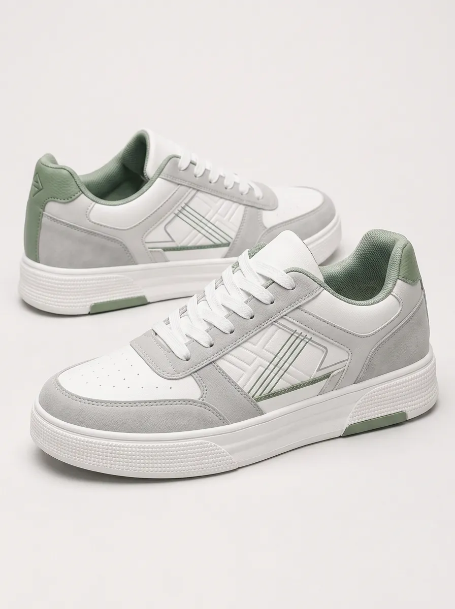Men's Casual Sage Green White Geometric Printed Sneakers