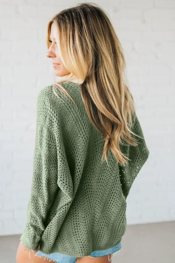 Scalloped Edge Eyelet Knit Batwing Sleeve Cardigan