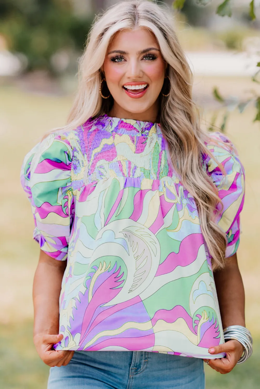 Green Abstract Print Bubble Sleeve Blouse