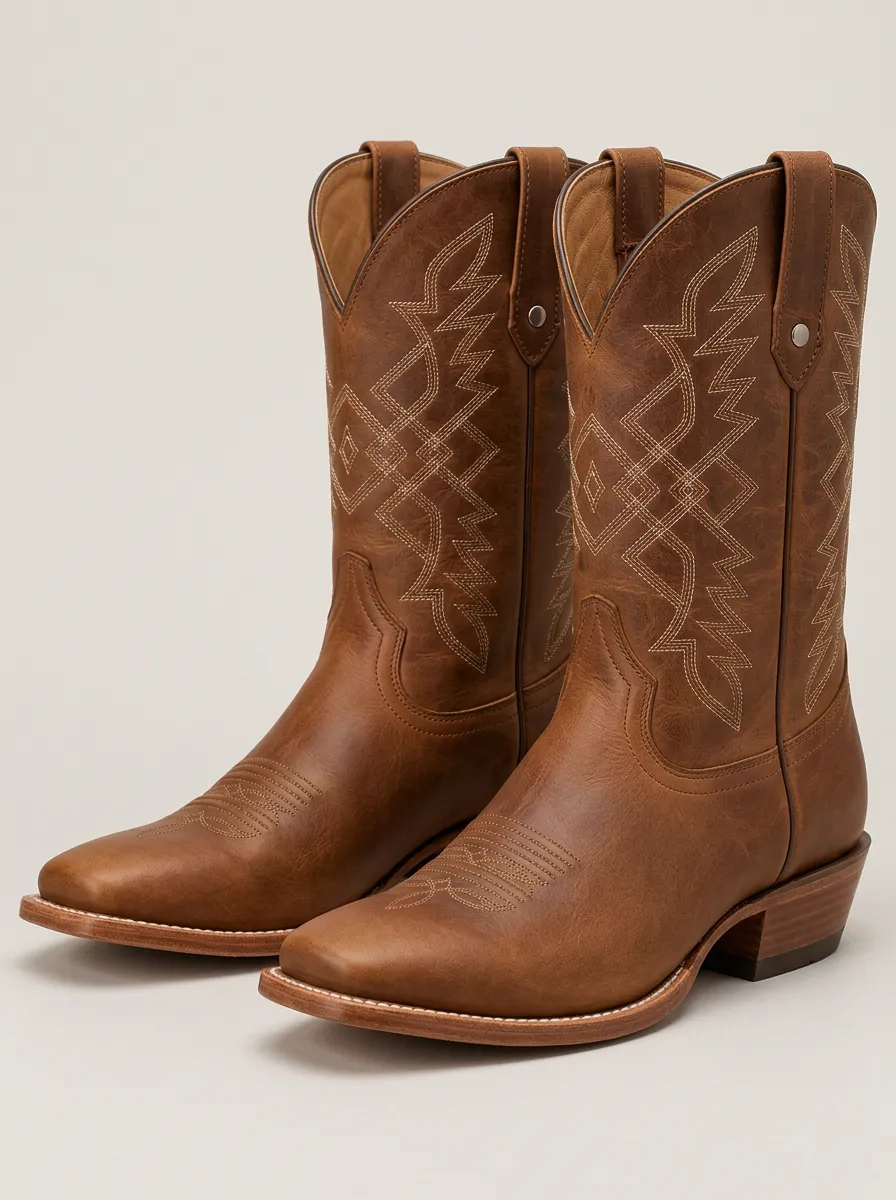 Men's Red Embroidered Detail Cowboy Boots with Clean Finish