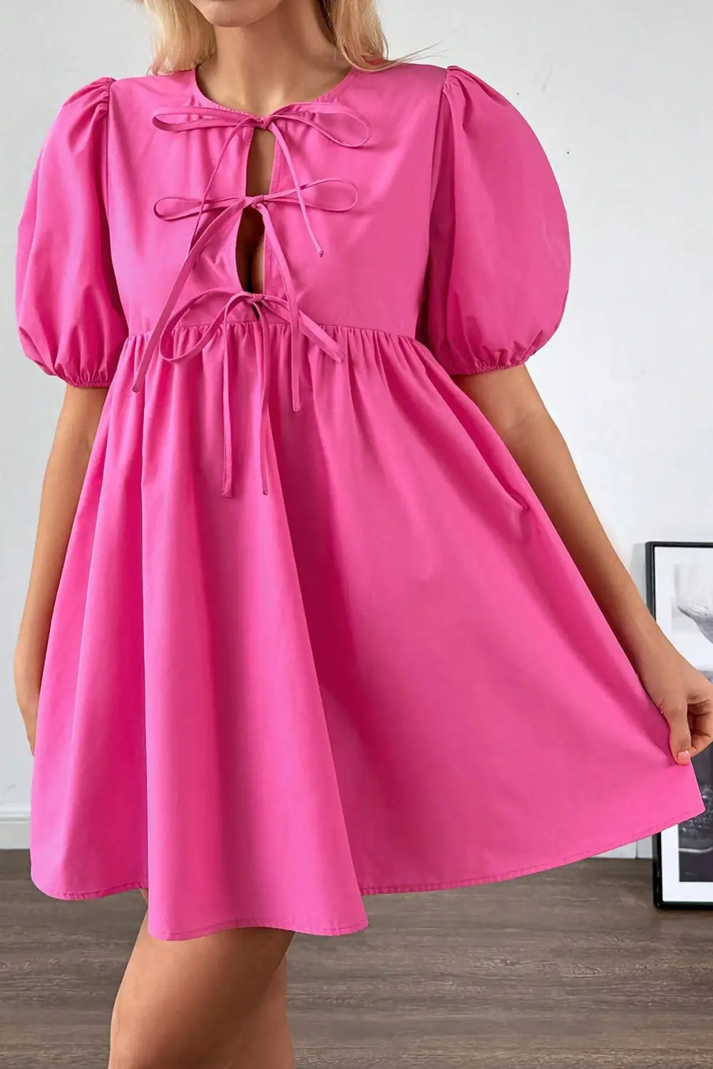 Bright Solid Color Puff Sleeve Tie Front High Waist Mini Dress