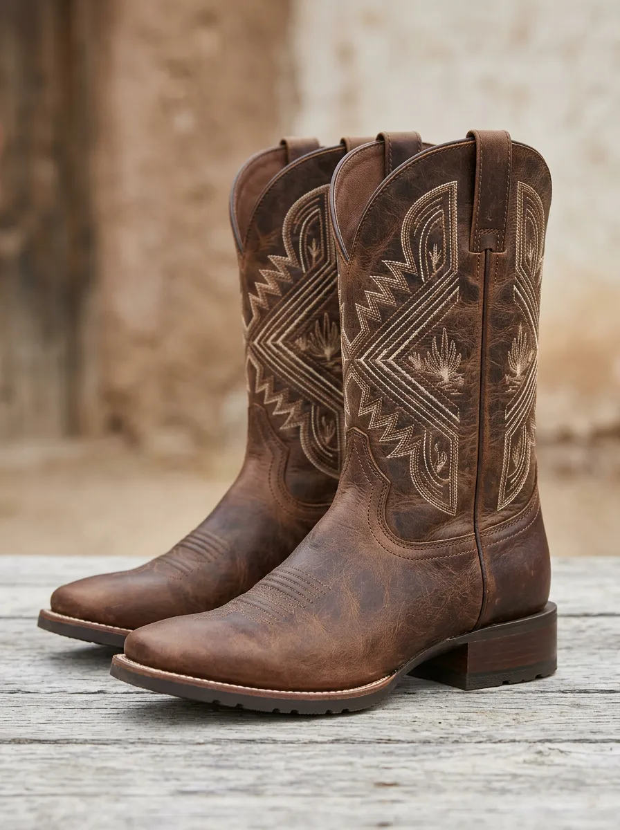 Unisex Brown Distressed Leather Western Cowboy Boots