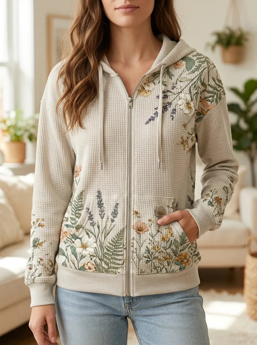 Women's Botanical Wildflower Signature Graphic Waffle Zip-Up Hoodie