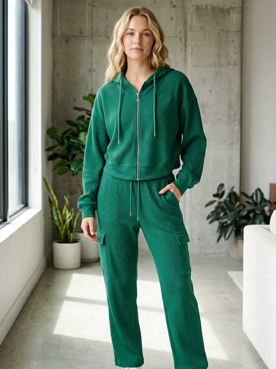 Women's Casual Sun Logo Waffle Knit Zip-Up Hoodie Cargo Jogger Set
