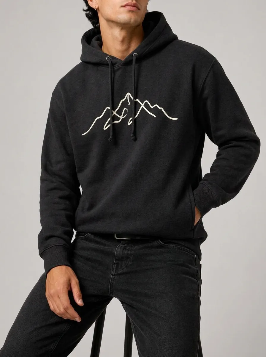 Men's Mountain Line Art Graphic Pullover Ribbed-Cuff Kangaroo-Pocket Hoodie