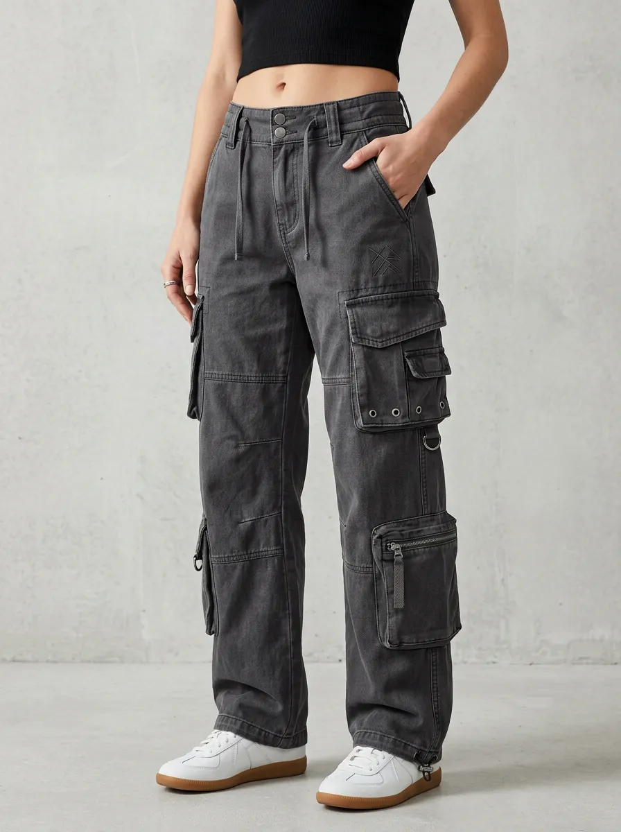 Streamlined Embroidered Detail Multi Pocket Sport Look Women's Multi Pocket Cargo Pants