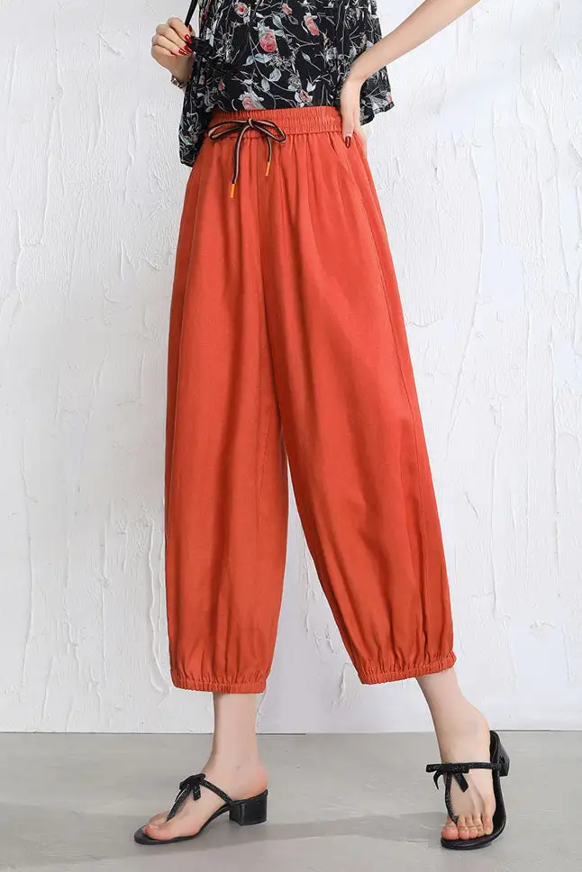 Refined Linen Wide Leg Cropped Elastic Waist Pocketed Trousers