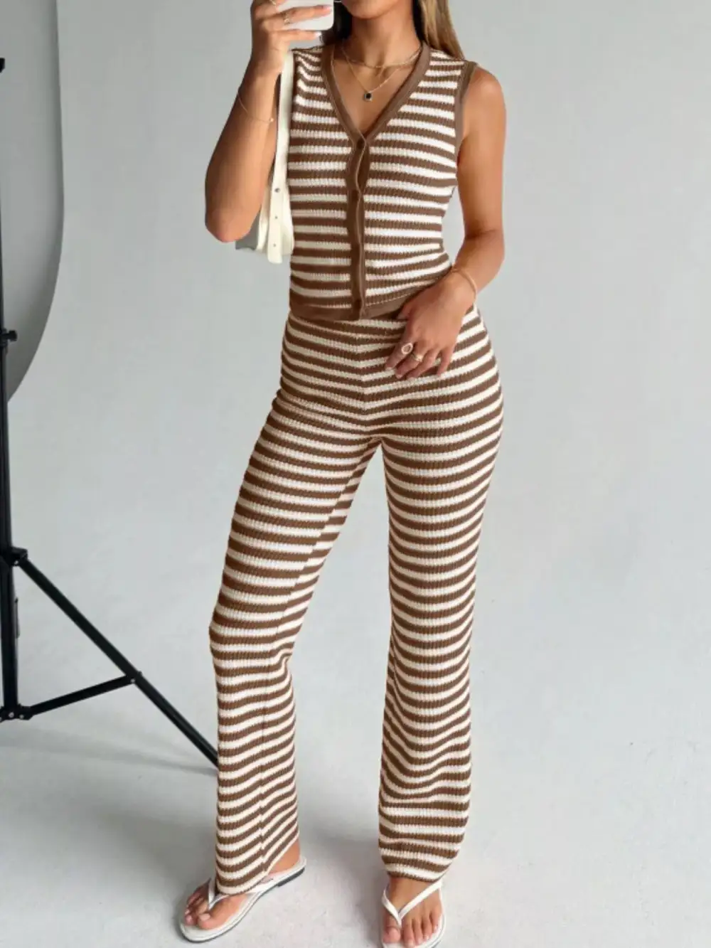 Striped Knit V Neck Button Up Sleeveless Top and Pants
