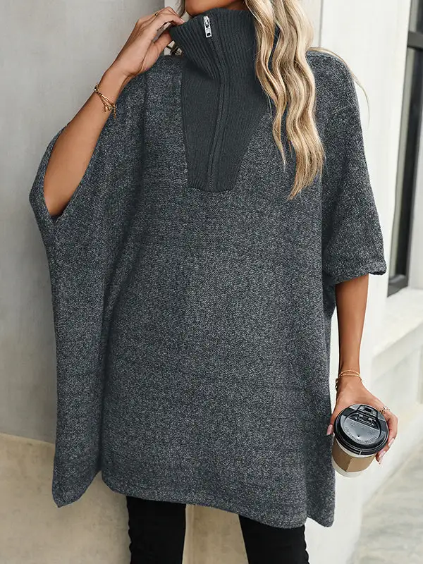 Paneled Zip Detail V-Neck Elbow Sleeve Relaxed Fit Sweater