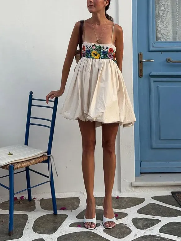 Printed Suspender Lantern Exquisite Mini Dress