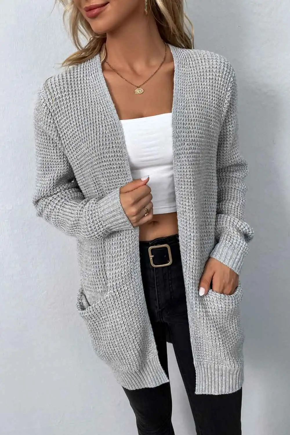 Rib-Knit Open-Front Pocketed Cardigan