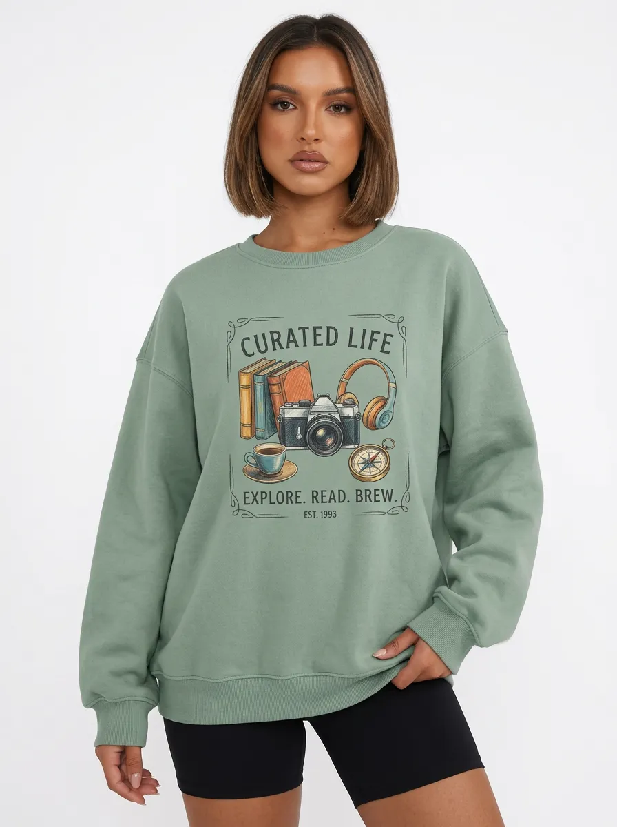 Women's Travel Reader Coffee Camera Graphic Sweatshirt