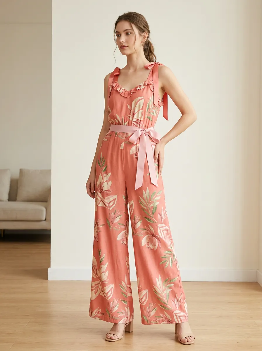 Women's Relaxed Botanical Floral Tie Shoulder Ribbon Strap Jumpsuit